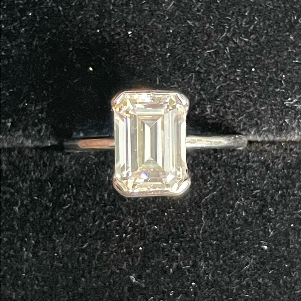 Emerald cut Moissanite 3.5ct, half bezel set 14k solid white gold. Size 7.5